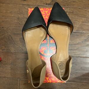 Tory Burch Viv Two Tone d'Orsay  Black and Tan Flats with Elegant Design